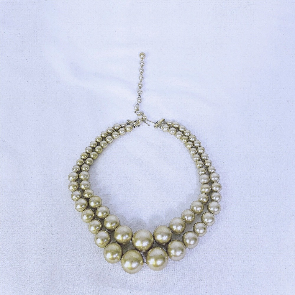 Vintage Gold Double Strand Faux Pearl Choker Necklace Chunky Graduated Hook 18in - Picture 8 of 15